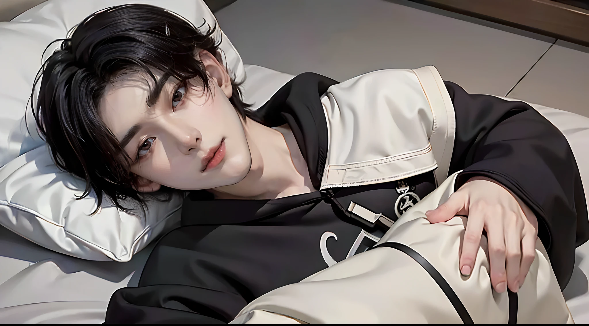 ((4K works))、​masterpiece、（top-quality)、((high-level image quality))、((One Manly Boy))、Slim body、((Stylish black hoodie))、(Detailed beautiful eyes)、Stylish bedroom、Selfie with your head on a pillow on a futon、Face similar to Chaewon in Ruseraphim、((short hair above the ears))、((Smaller face))、((Neutral face))、((Light brown eyes))、((Korean boy))、((18year old))、((Handsome man))、((Wild look))、((Korean Makeup))、((elongated and sharp eyes))、((Take a selfie lying on a futon with your head on a pillow))、((Selfie from the side))、((Only the upper part of the body is visible))、(((selfee)))