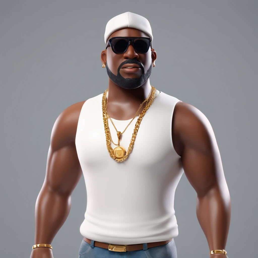 /imagine a fat, bald black man, smooth face, sunglasses, singing samba in a white sleeveless t-shirt with a rapper-style gold string and a microphone in his hand