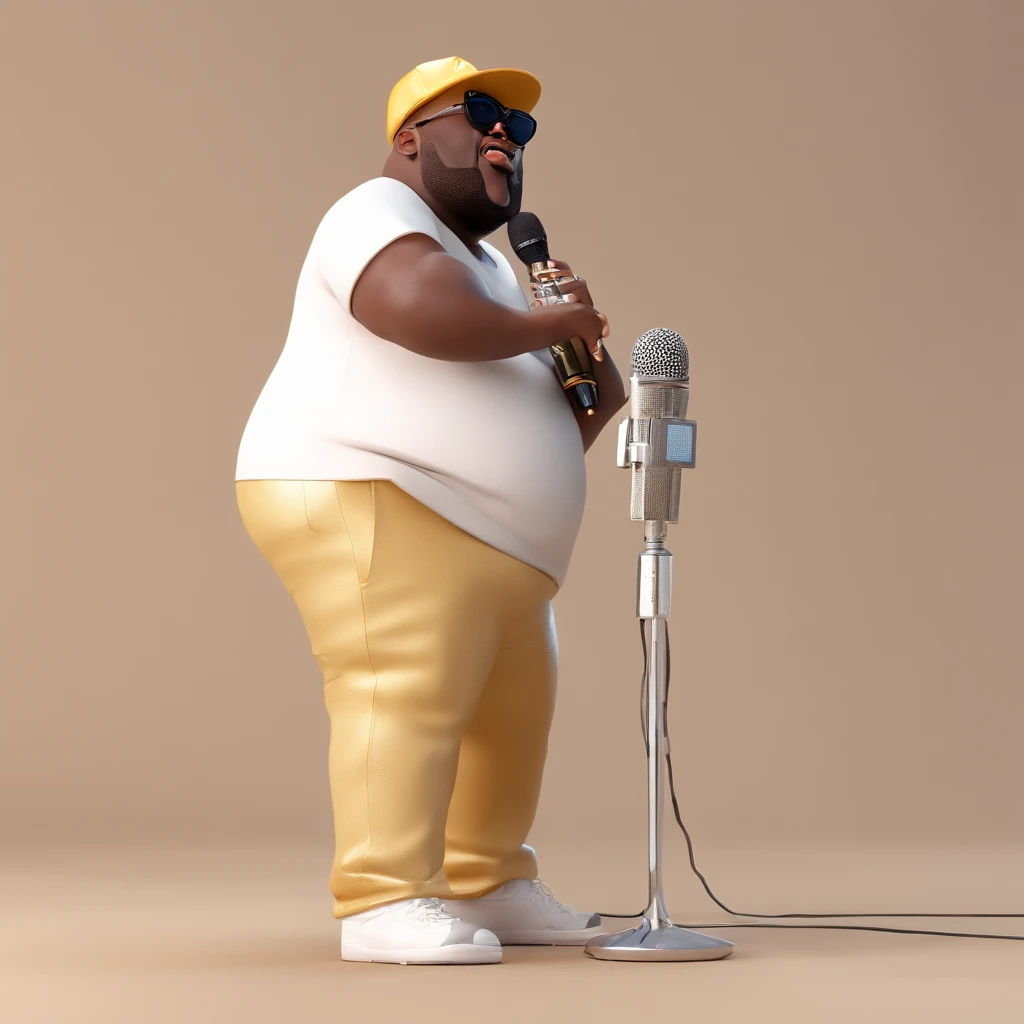 /imagine a fat, bald black man, smooth face, sunglasses, singing samba in a white sleeveless t-shirt with a rapper-style gold string and a microphone in his hand