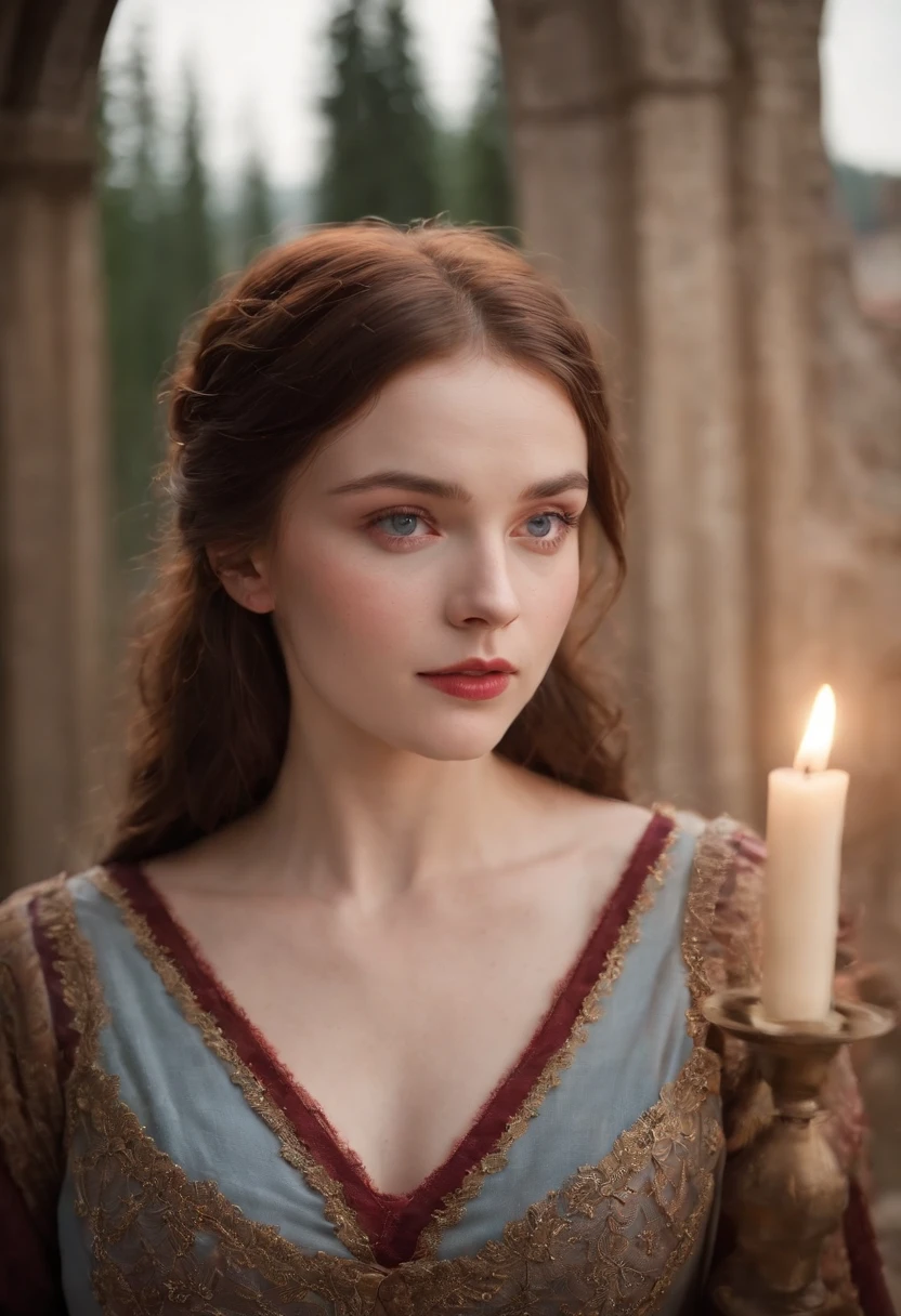 (((a deep reddish wound crosses her left cheek))) fair complexion, woman around 19 years old, natural brown hair, distinctive blue eyes, wearing kohl, slender and graceful, beautiful, candlelight in a medieval setting, ultra sharp focus, realistic shot, medieval female clothes, tetradic colors (scar:1.4)