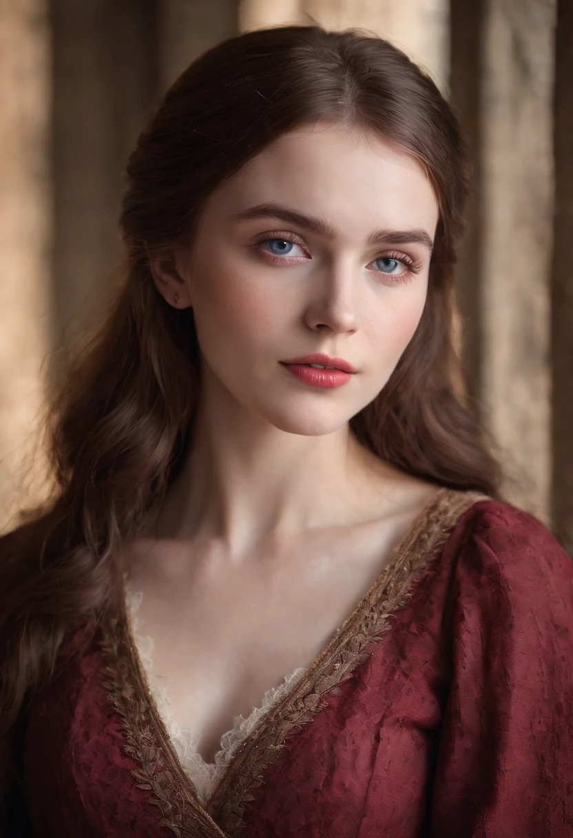 (((a deep reddish wound crosses her left cheek))) fair complexion, woman around 19 years old, natural brown hair, distinctive blue eyes, wearing kohl, slender and graceful, beautiful, candlelight in a medieval setting, ultra sharp focus, realistic shot, medieval female clothes, tetradic colors (scar:1.4)