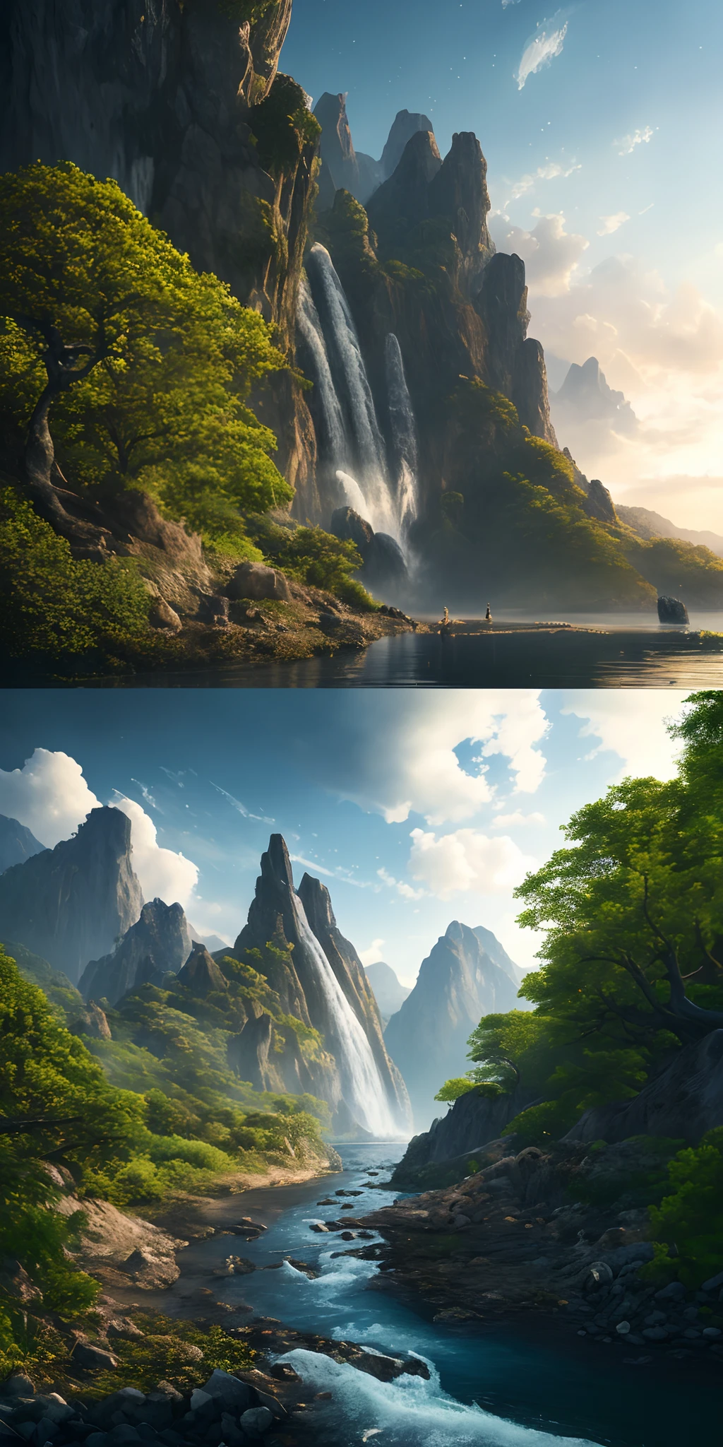 Masterpiece, best quality, high quality, extremely detailed CG unity 8k wallpaper, landscape, outdoor, sky, cloud, sky, no humans, mountain, landscape, water, tree, blue sky, waterfall, cliff, nature, lake, river , cloudy skies, award winning photography, bokeh, depth of field, HDR, bloom, chromatic aberration, photorealism, very detailed, trending on artstation, trending on CGsociety, intricate, high detail, dramatic, midjourney art
