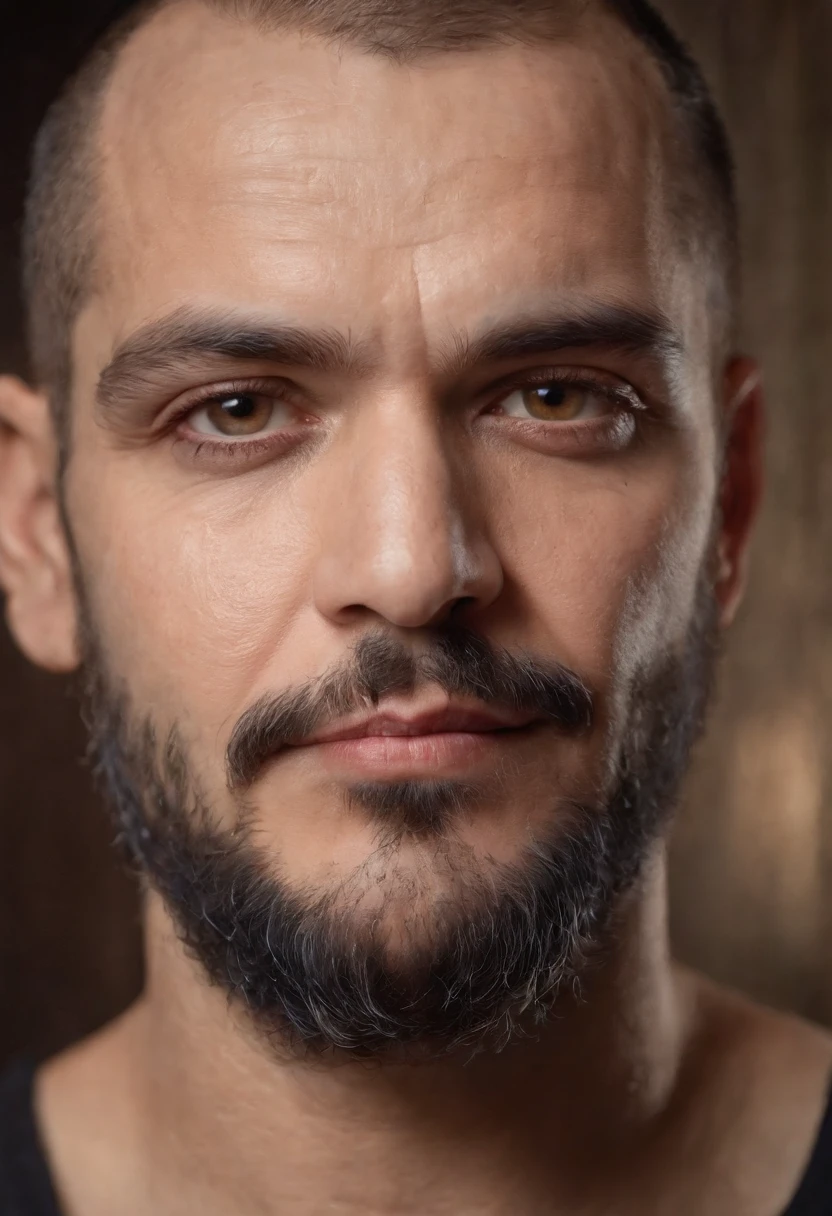 A symmetric portrait , Photo of Sinbad , wrinkled, weathered, with piercing eyes, detailed face, high details, photography, dark studio, rim light, Nikon D850, 50mm, f/1.4