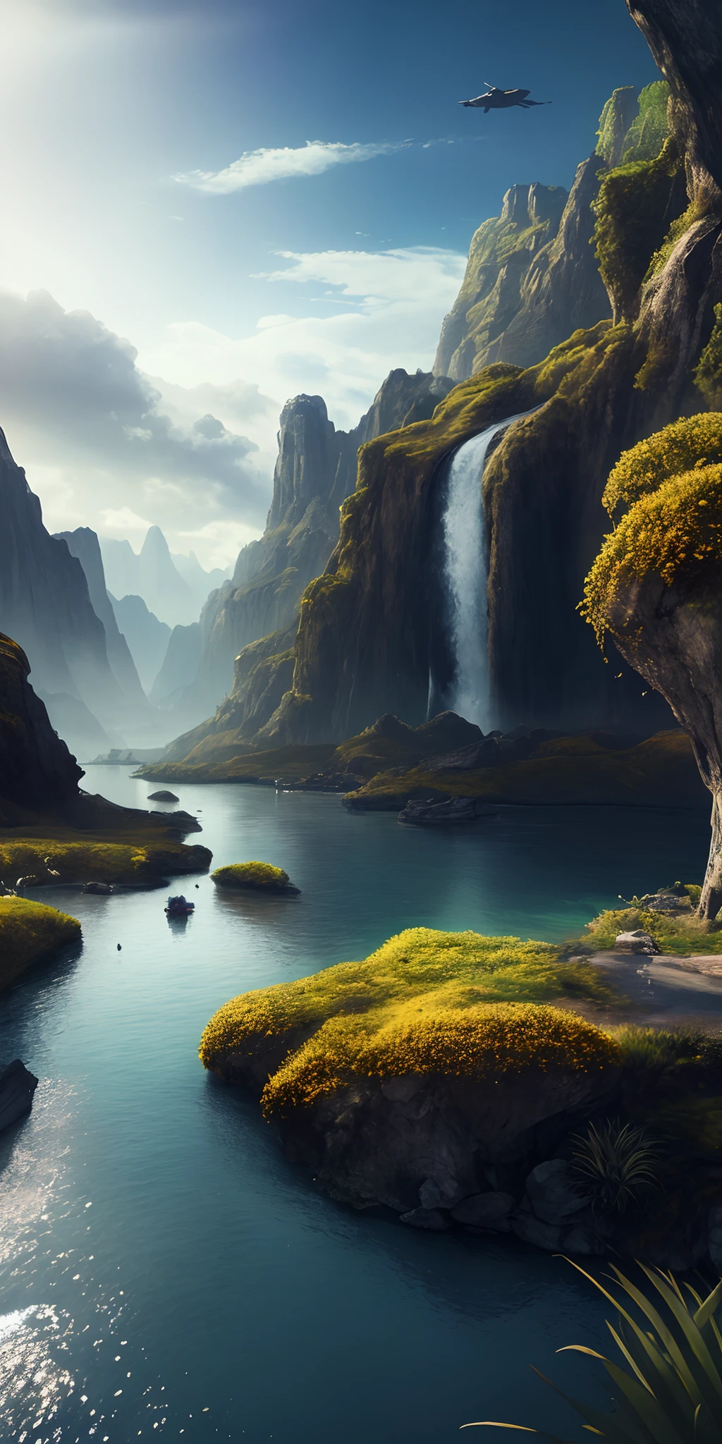 Masterpiece, best quality, high quality, extremely detailed CG unity 8k wallpaper, landscape, outdoor, sky, cloud, sky, no humans, mountain, landscape, water, tree, blue sky, waterfall, cliff, nature, lake, river , cloudy skies, award winning photography, bokeh, depth of field, HDR, bloom, chromatic aberration, photorealism, very detailed, trending on artstation, trending on CGsociety, intricate, high detail, dramatic, midjourney art
