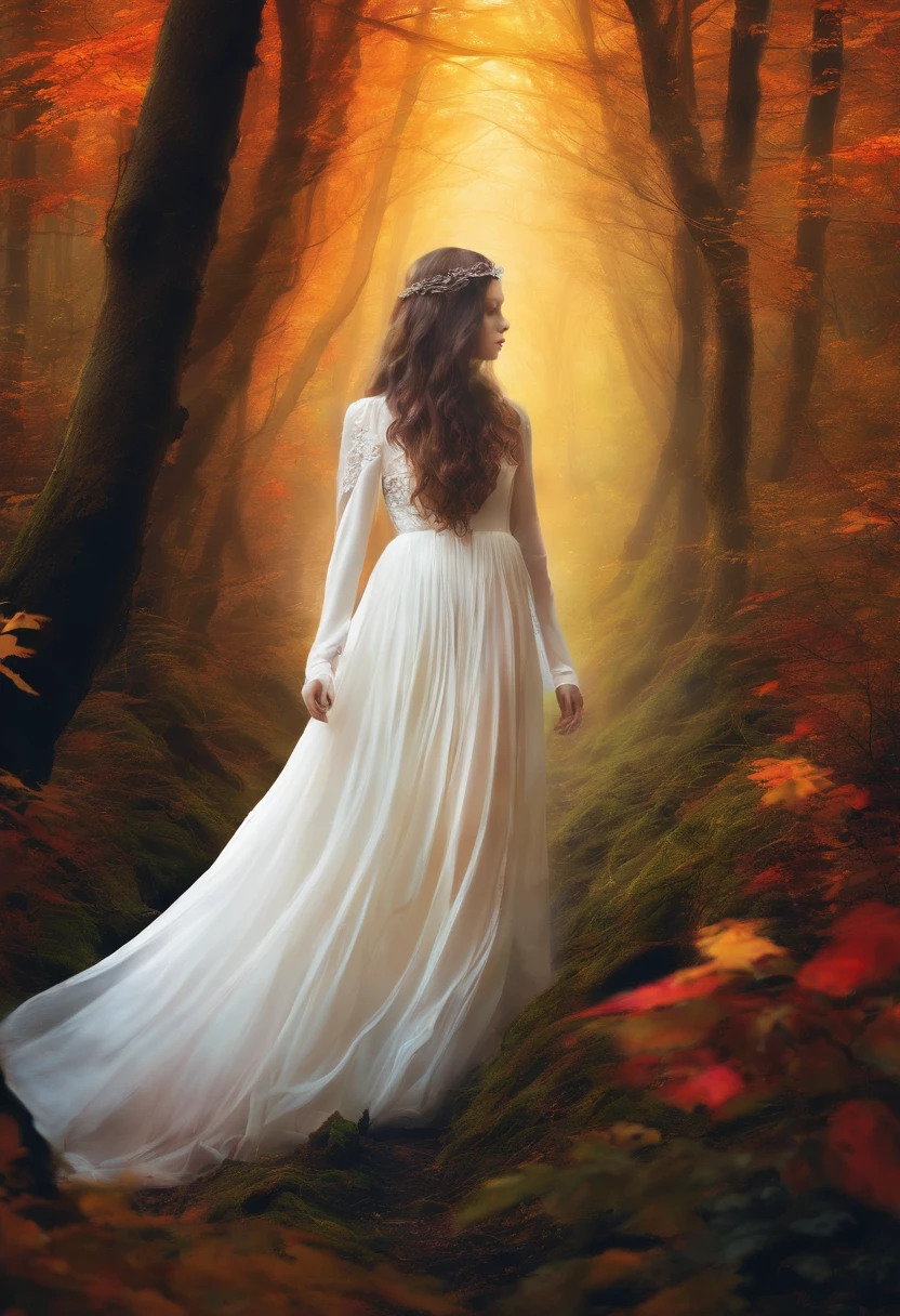 A girl walks through an enchanted forest. The forest is full of tall, slender trees with bright-colored leaves. The girl wears a long, white dress, and her hair is long and black. Her face is serene and peaceful, and her eyes are full of dreams.