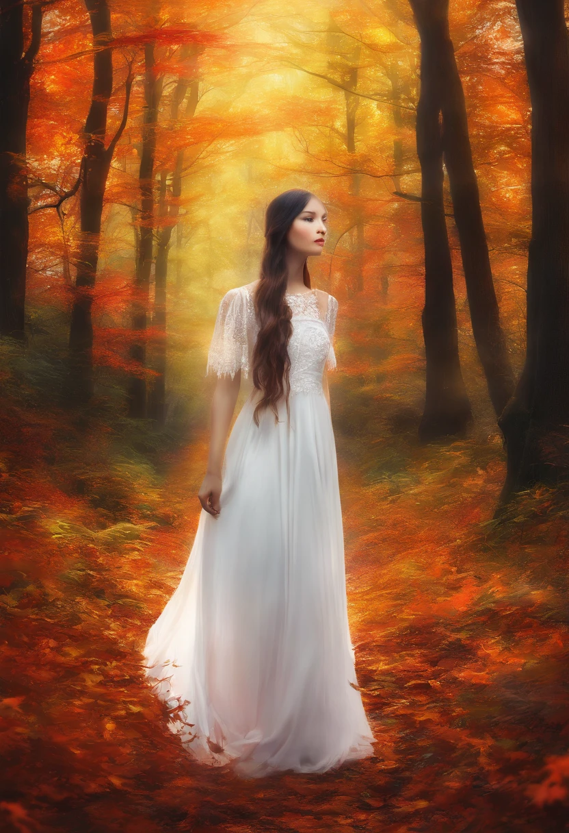 A girl walks through an enchanted forest. The forest is full of tall, slender trees with bright-colored leaves. The girl wears a long, white dress, and her hair is long and black. Her face is serene and peaceful, and her eyes are full of dreams.
