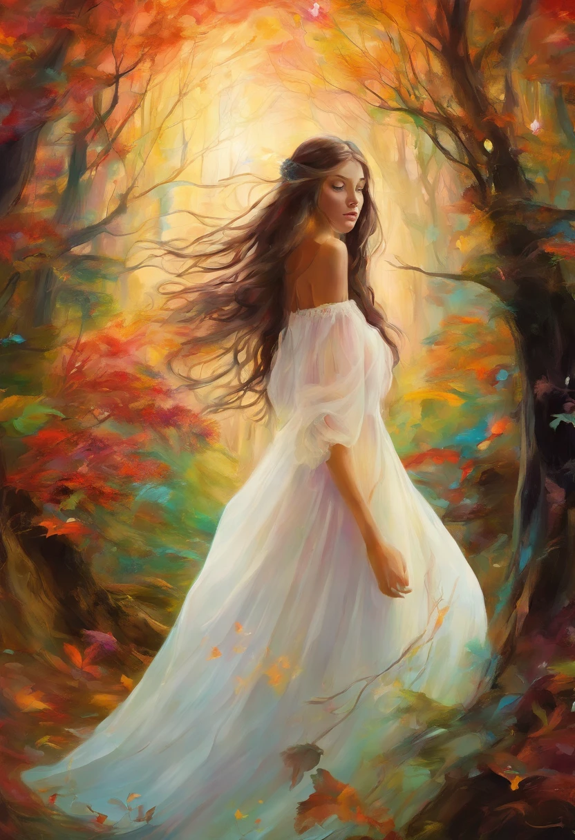 A girl walks through an enchanted forest. The forest is full of tall, slender trees with bright-colored leaves. The girl wears a long, white dress, and her hair is long and black. Her face is serene and peaceful, and her eyes are full of dreams.