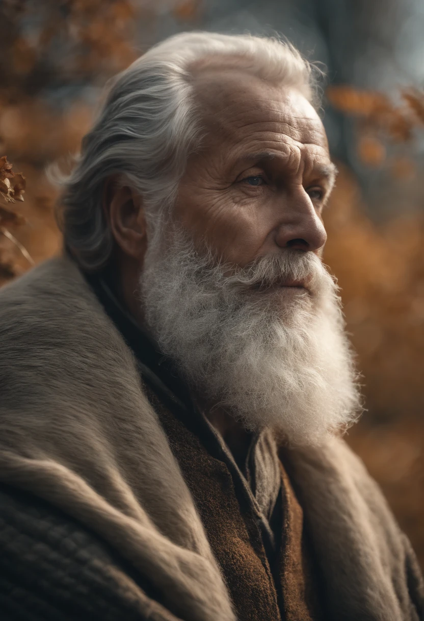 HD masterpiece, beste-Qualit, high resolucion, 4k, Medieval, (((un vieux homme de 70 ans))) avec une (Barbe blanche), traits du visage forts, torse nu, ((gros ventre)) marche dans le sable en automne . Il y a des vapeurs, brumes volumineuses, nuit, givre, background : pentagram