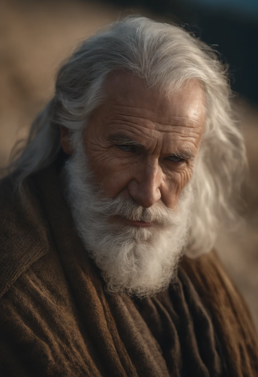 HD masterpiece, beste-Qualit, high resolucion, 4k, Medieval, (((un vieux homme de 70 ans))) avec une (Barbe blanche), traits du visage forts, torse nu, ((gros ventre)) marche dans le sable en automne . Il y a des vapeurs, brumes volumineuses, nuit, givre, background : pentagram