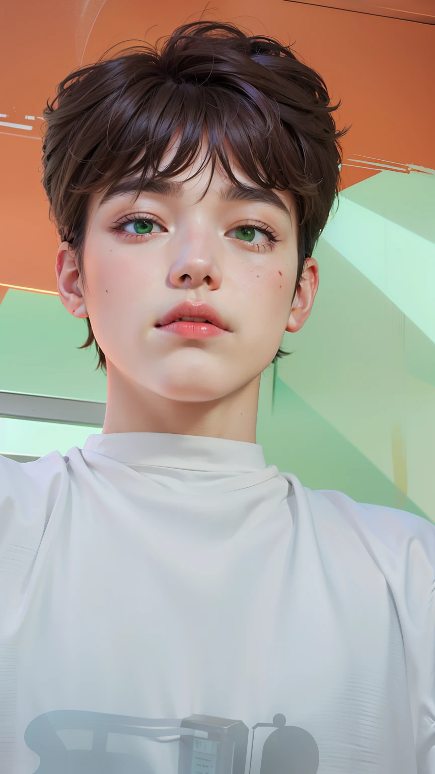 Character half aside, male, boy, 17 years old, medium beard, red brown hair, green eyes, long hair, calm. wise, background with neon purple graffiti, utopian city, Surrealism, Minimalism, Expressionism, anime style, drop shadow, film grain, vignetting, silhouette, 1080P, anatomically correct