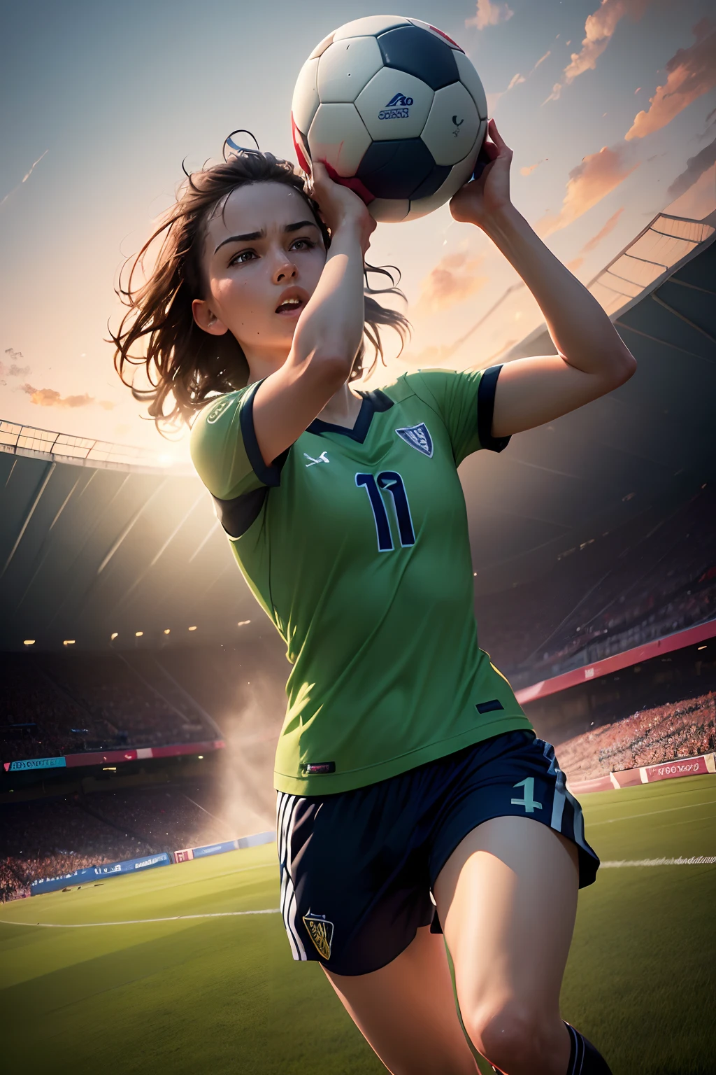 (a) (best quality,4k,8k,highres,masterpiece:1.2),ultra-detailed,(realistic,photorealistic,photo-realistic:1.37),vivid colors (aesthetic), HDR | (b) (green grass) in (sunlit) soccer stadium, panoramic view, (exciting match atmosphere), (crowd cheering), (players running) | (c) soccer ball (rolling on the field), (detailed texture) of the (grass blades), (precision), (sharp focus) on the players' (actions), (sweat) glistening on their (foreheads), (intense expression) on their faces | (d) (dynamic) play, (fast-paced) movements, (player dribbling), (goalkeeper diving) to save a shot, (striker celebrating) after scoring, (coach giving instructions) from the sidelines | (e) (uniform colors) of the teams, (bright green) of the field, (blue sky), (floodlights) illuminating the stadium, (beautiful sunset) casting a warm glow | (f) (artistic rendition), (painterly style), (impressionistic brushstrokes), (subtle color variations), (play of light and shadow), (capturing the energy) and (drama) of a soccer game.