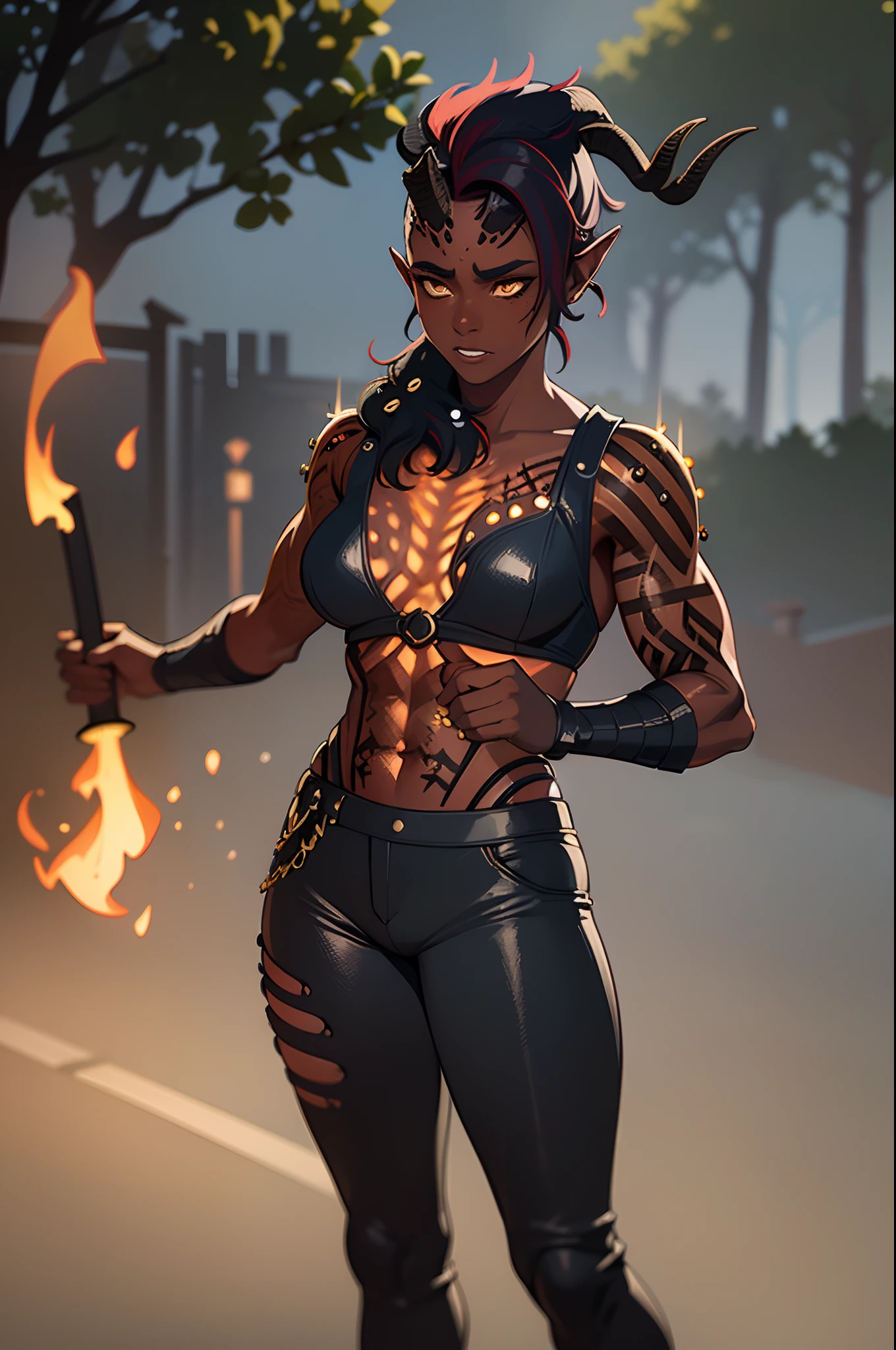 (masterpiece, best quality), outdoors, dark misty burning village, cowboy shot, 1girl, solo, Karlach, demon girl, colored skin, red skin, dark skin, full body, armor, armored pants, holding axe,