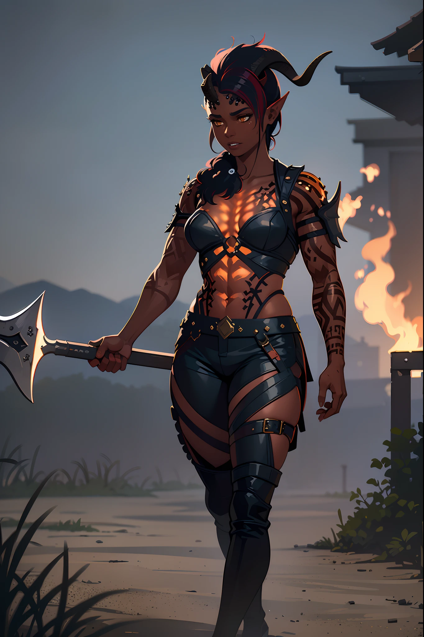 (masterpiece, best quality), outdoors, dark misty burning village, cowboy shot, 1girl, solo, Karlach, demon girl, colored skin, red skin, dark skin, full body, armor, armored pants, holding axe,