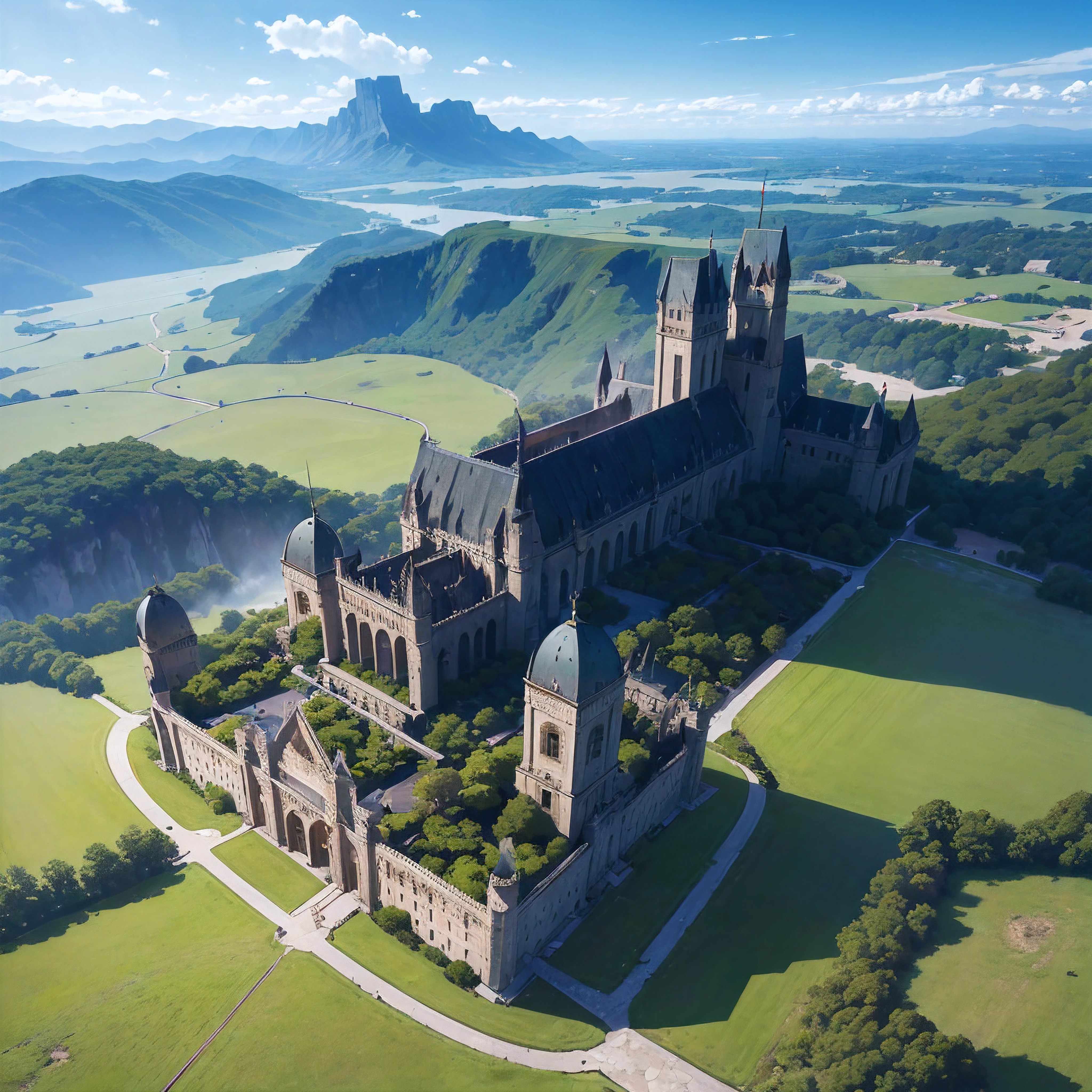 (best quality,4k,8k,highres,masterpiece:1.2),ultra-detailed,(realistic,photorealistic,photo-realistic:1.37),grassy plains, gigantic stone city, gold decorations, architectural beauty, shimmering sunlight, vibrant colors, lush vegetation, sprawling landscape, distant mountains, clear blue sky with a dragon flying over the city with great black wings sharp sword like teeth eyes red as blood