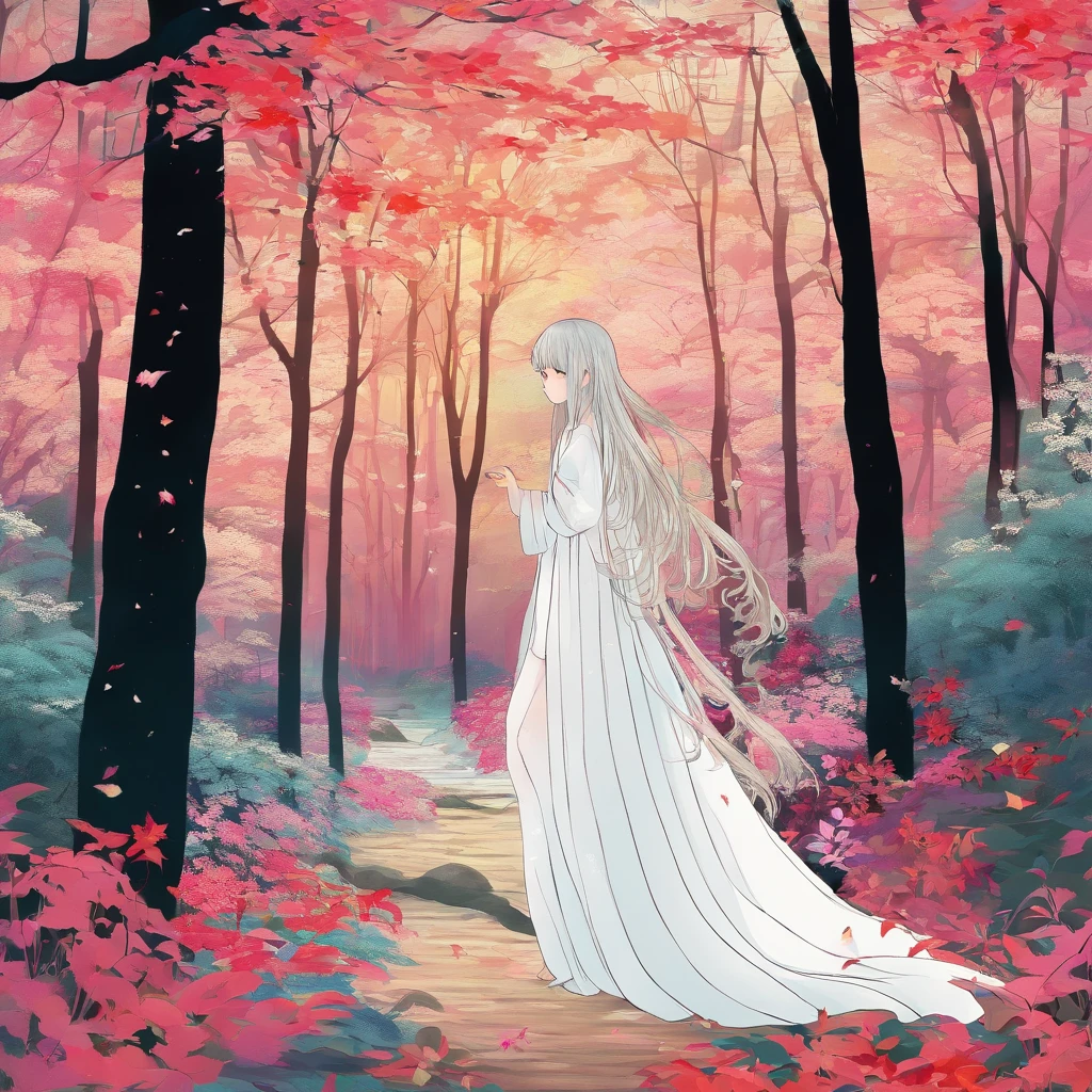 A girl walks through an enchanted forest. The forest is full of tall, slender trees with bright-colored leaves. The girl wears a long, white dress, and her hair is long and black. Her face is serene and peaceful, and her eyes are full of dreams.