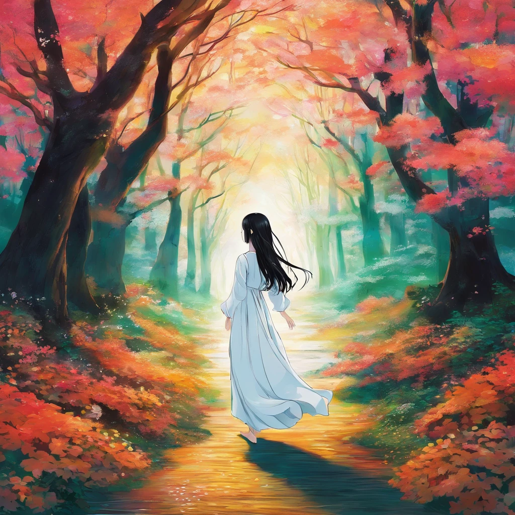 A girl walks through an enchanted forest. The forest is full of tall, slender trees with bright-colored leaves. The girl wears a long, white dress, and her hair is long and black. Her face is serene and peaceful, and her eyes are full of dreams.