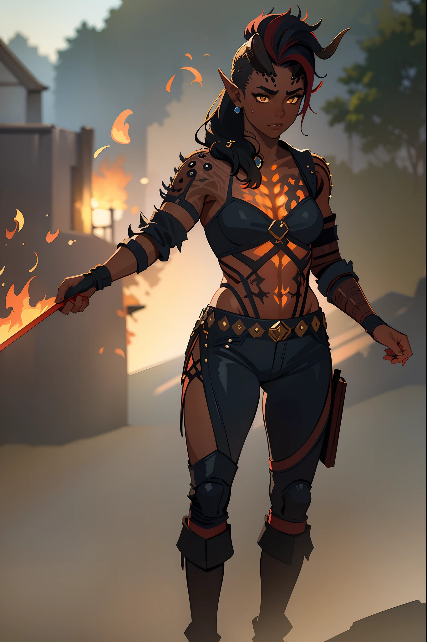 (masterpiece, best quality), outdoors, dark misty burning village, cowboy shot, 1girl, solo, Karlach, demon girl, colored skin, red skin, dark skin, full body, armor, armored pants, holding axe,