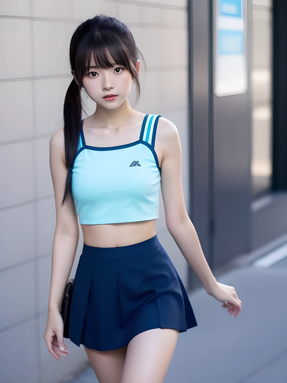 ( female child),Blackted miniskirt,A Gray Sports Bra,a shower,An amusement park,A dark-haired,Semi-long,blush