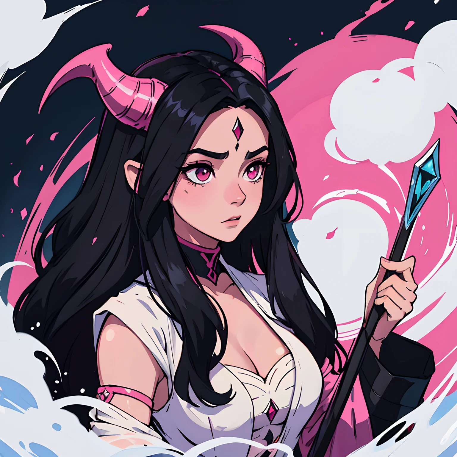 A beautiful pink skinned woman as a pink-skinned devil demon, With long black hair that goes all the way to the ground, make her like a sorceress in a setting filled with magic and mystery, a character for medieval RPG, she must be wearing medieval robes covering her body like a magician;, ela deve usar um traje medieval, Her skin is pink pink as an avatar, horns and pointed tail like a demon, pele rosa, cor rosa da pele, pele rosa claro, cabelos pretos, The hair strands are black in color with white spots, cabelos preto e branco, black hair with white spots anime style art style league of legends style arcane dramatic art character illustration medieval art