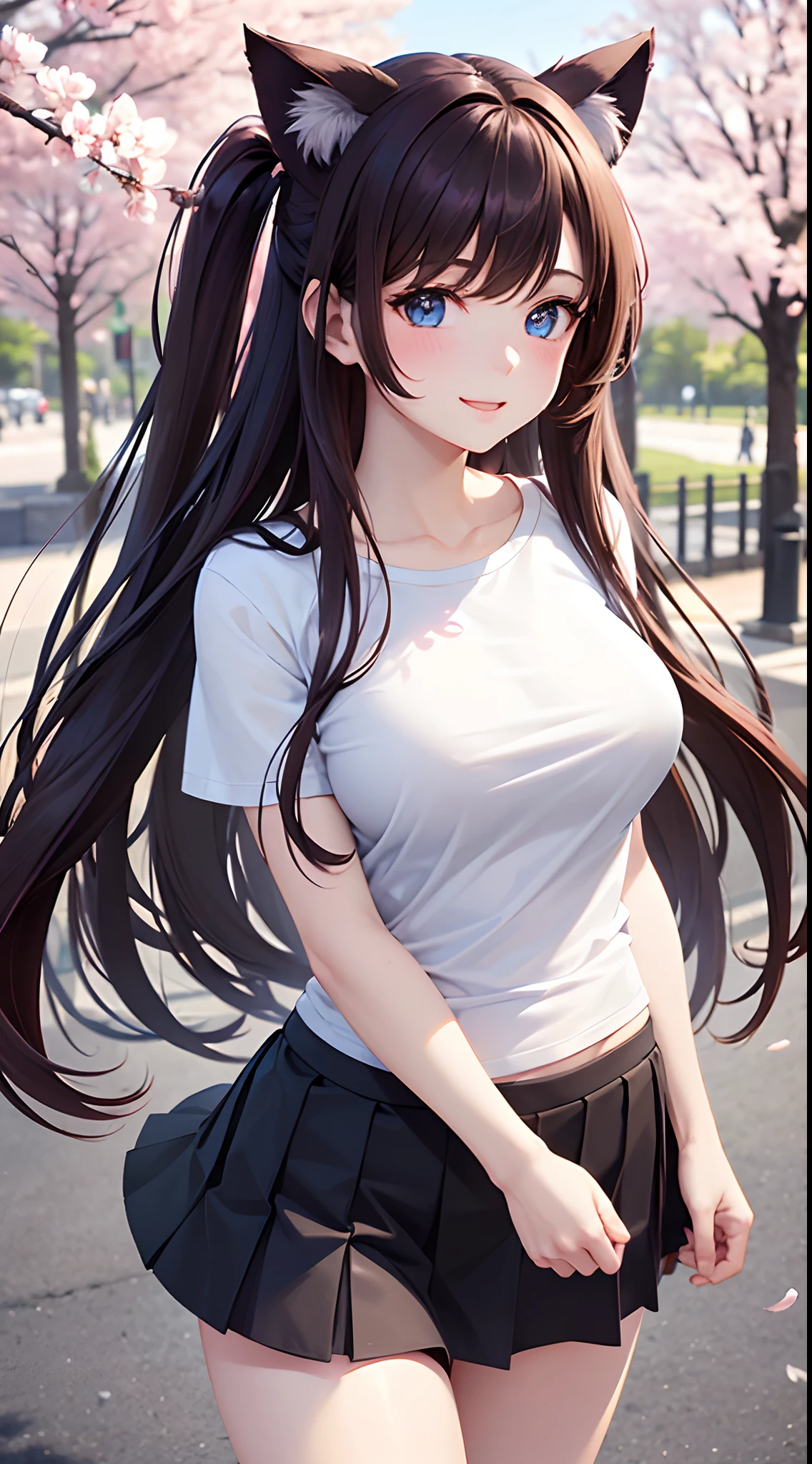 1 girl, tight t shirt & Skirt, park, look closer, cherry blossoms, long dark brown hair, light blue colour eyes, smiling ,cute reaction, beautiful, pale skin, perfect body figure, big breast 1:3, cute , cat ears