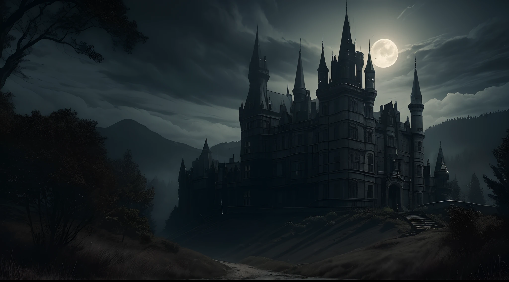 Ultra Realistic Production, (Movie Still Shot of Victorian Era-Style Vampire Castle atop the Hill:1.4), (Horror Movie Still:1.6), (Night Time:1.6), (Landscape Shot:1.4), (Grim Atmosphere:1.6), (Forest Hill with Moonlight), (Luminescent Effects:1.2), (Dynamic Angle Shot:1.2), Insane Details, Intricate Detail, Cinematic Shot and Lighting, Realistic Colors, Masterpiece, Sharp Focus, Ultra Detailed, Taken with DSLR Camera, Realistic Photography, Depth of Field, Incredibly Realistic Environment and Scene, Master Composition and Cinematography