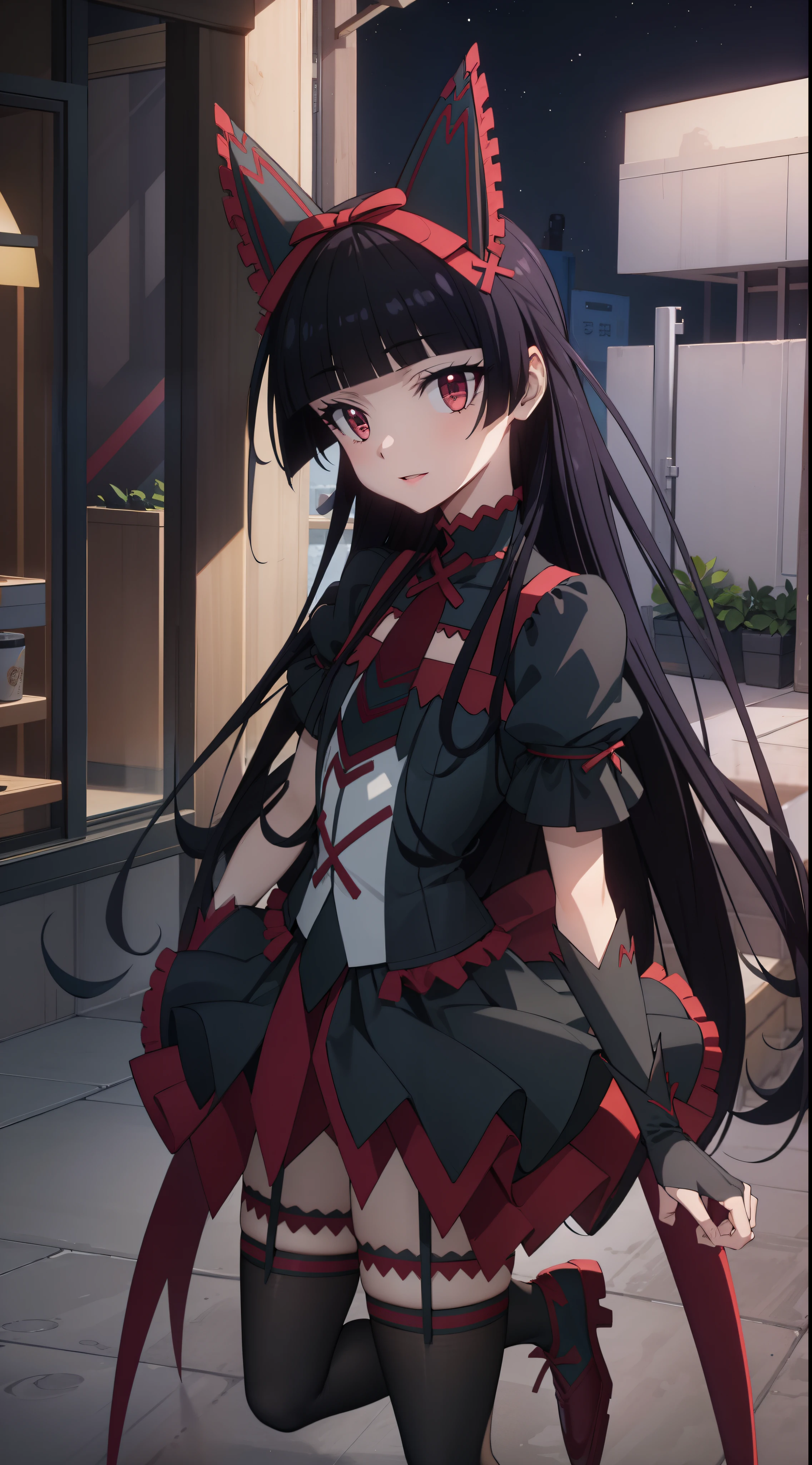 Rory Mercury, Rory Mercury, black  hair, blunt bangs, hime cut, hair ornament, red lipstick, hairlong, cute face, makeup, (small chest:1.2), (red eyes:1.5), BREAK Gothic underwear, the perfect body (little chest:1.3), a big BREAKTHROUGH in full growth, red shoes, BREAK Black Stockings, Black Gloves BREAK, black thighs, garter straps, gloves, gotik, Hair Bow, gothic fashion, puffy short sleeves, puffy sleeves, short sleeves, thights, thights, bloods, BREAK starry night sky, night city, BREAK looks at the viewer, BREAK (Masterpiece:1.2), Best Quality, High Resolution, Unity 8k壁纸, (illustartion:0.8), (beautiful detail eyes:1.6), extremely detailed face, perfect  lighting, extremely detailed CGI, (perfect arms, perfect anatomy),