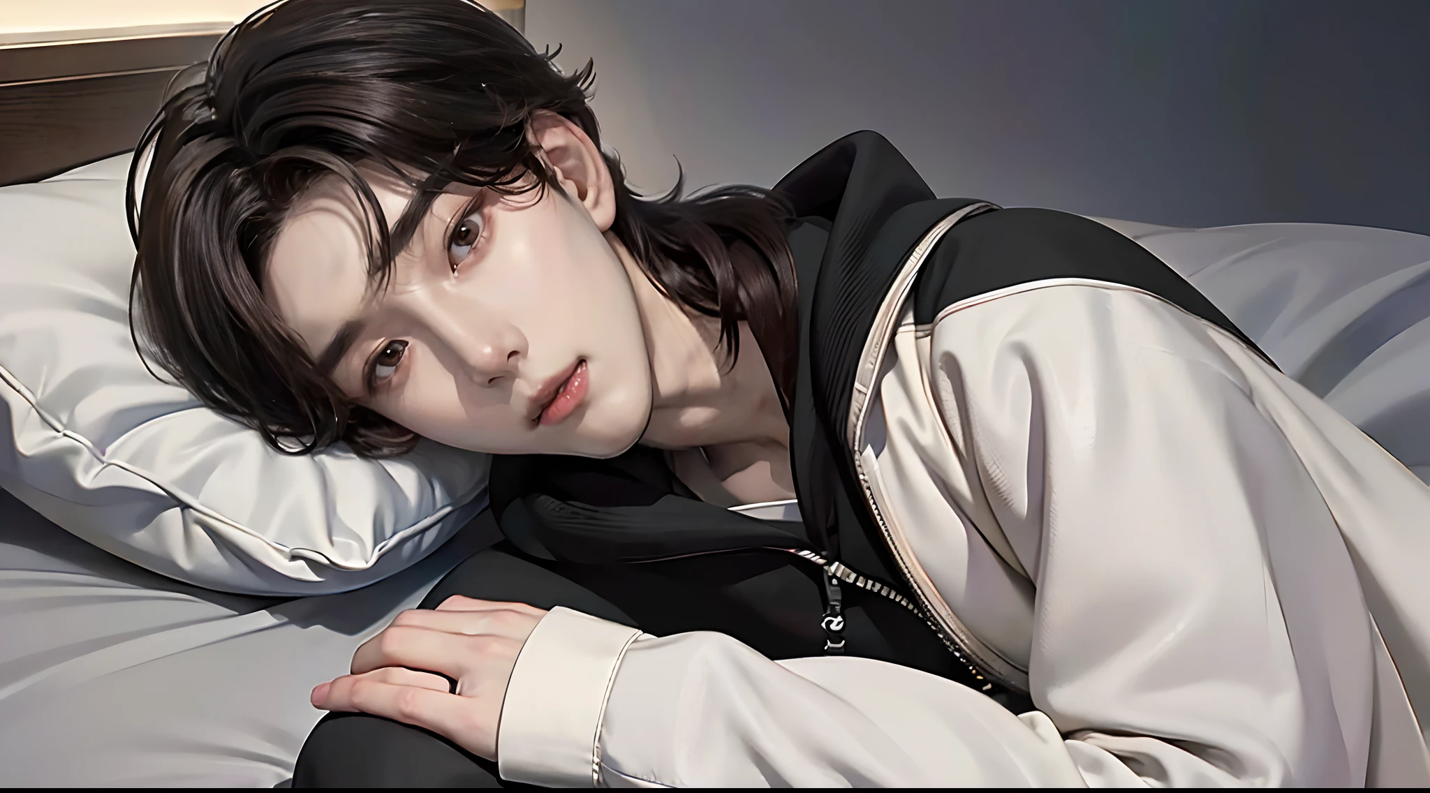 ((4K works))、masterpiece、(top-quality)、((high-level image quality))、((One Manly Boy))、Slim body、((Stylish black hoodie))、(Detailed beautiful eyes)、Stylish bedroom、Selfie with head resting on futon pillow、Face similar to Chaewon in Ruseraphim、((short hair above the ears))、((Smaller face))、((Neutral face))、((Light brown eyes))、((Korean boy))、((18year old))、((Handsome man))、((Wild look))、((Korean Makeup))、((elongated and sharp eyes))、((Take a selfie lying on a futon with your head on a pillow))、((Selfie from the side))、((Only the upper part of the body is visible))、((He sleeps next to the viewer))、(((selfee)))