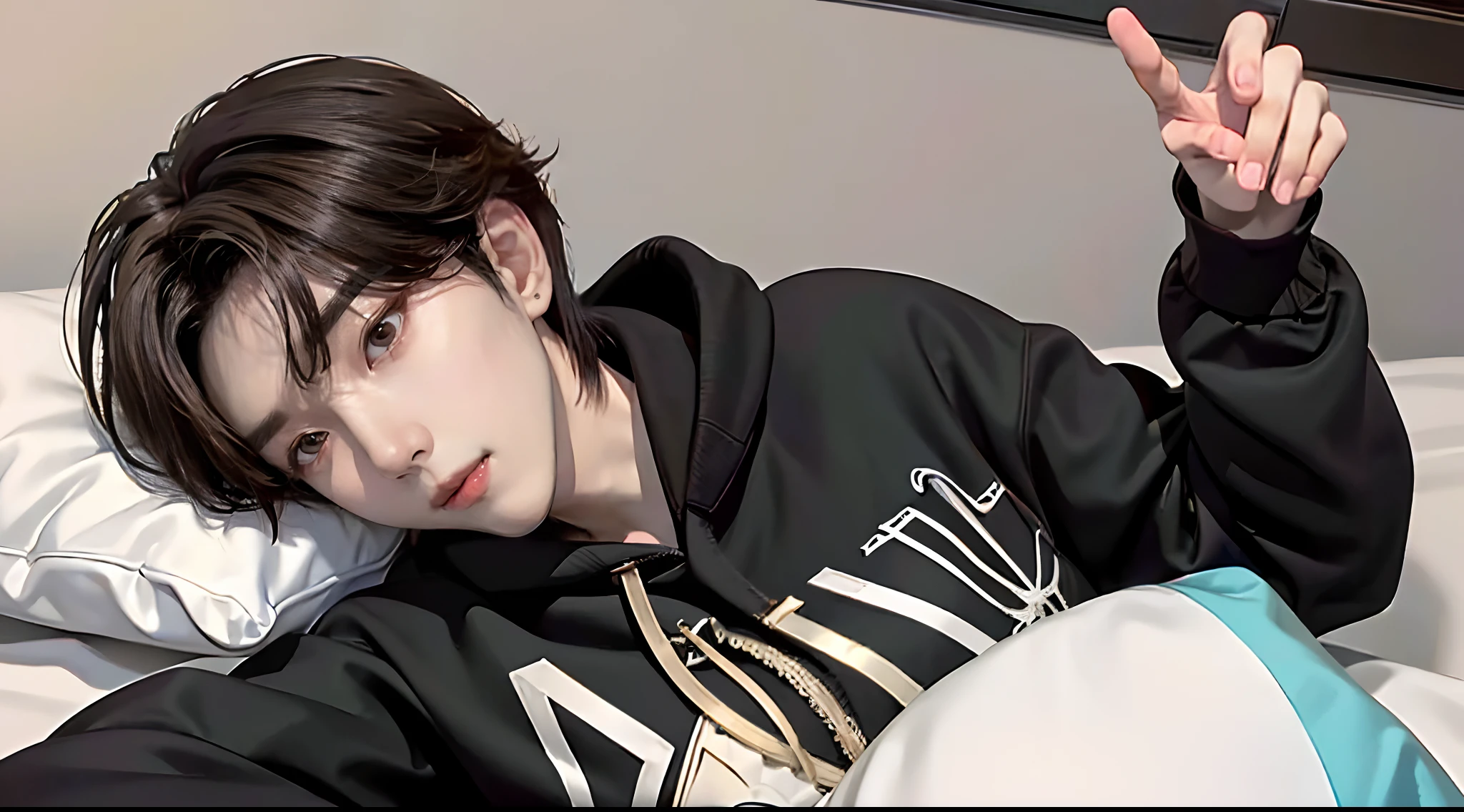 ((4K works))、masterpiece、(top-quality)、((high-level image quality))、((One Manly Boy))、Slim body、((Stylish black hoodie and long white pants))、(Detailed beautiful eyes)、Stylish bedroom、Take a selfie with a futon、Face similar to Chaewon in Ruseraphim、((short hair above the ears))、((Smaller face))、((Neutral face))、((Light brown eyes))、((Korean boy))、((18year old))、((Handsome man))、((Wild look))、((Korean Makeup))、((elongated and sharp eyes))、((Take a selfie lying on a futon))、((Selfie from the side))、((Upper body photography))、(((selfee)))