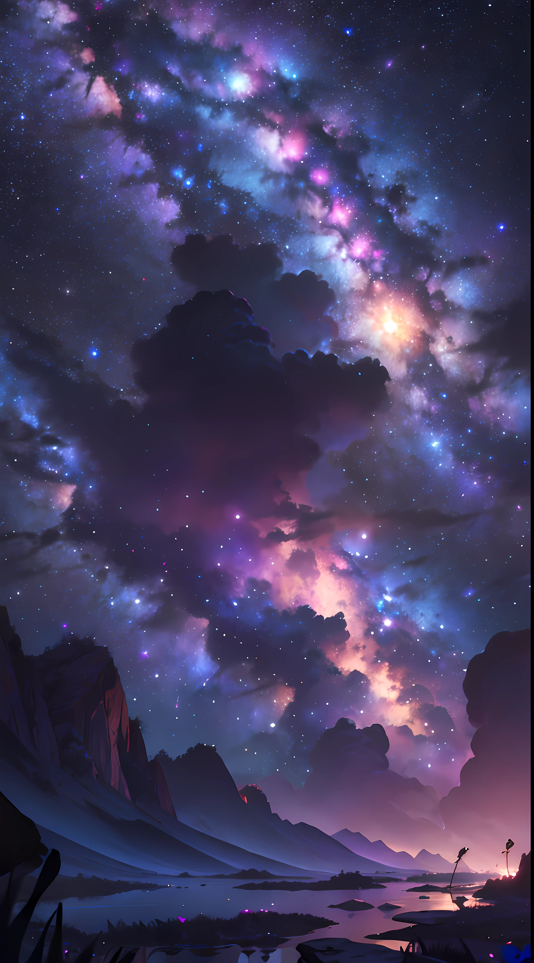 {{obra maestra}}, mejor calidad, fondo de pantalla CG unidad 8k extremadamente detallado, cinematography lighting, destello de lente,detalle, purpura, particulas, stars, galaxy, nebulosas moradas, landscape, hermoso, gamma morados