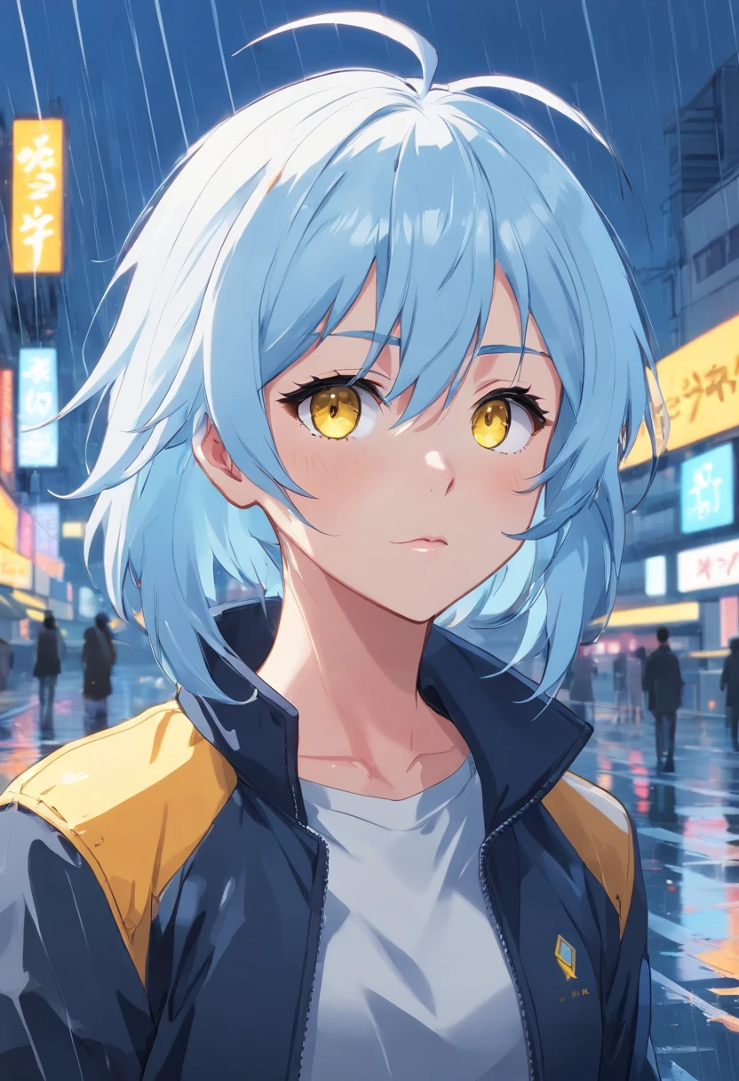 White blue hair, pony tail, yellow eyes, cool face,black jacket, rain background