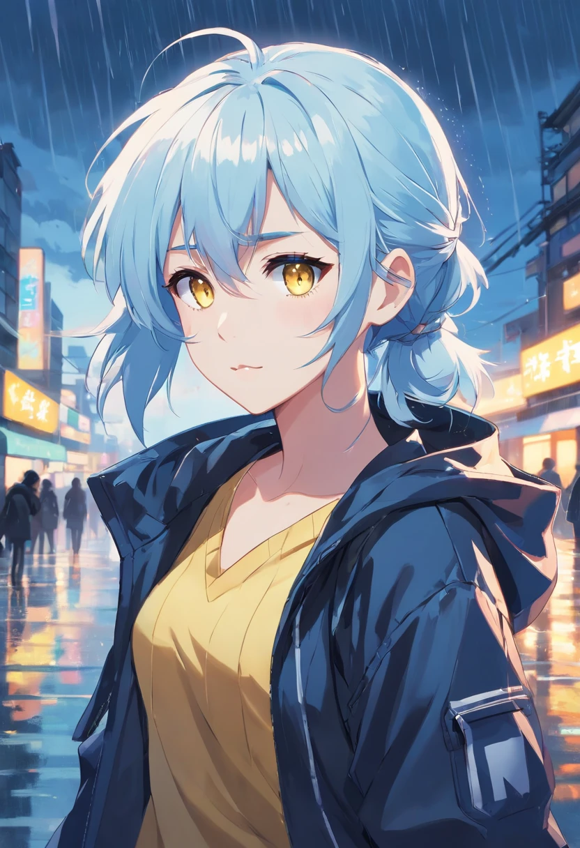 White blue hair, pony tail, yellow eyes, cool face,black jacket, rain background