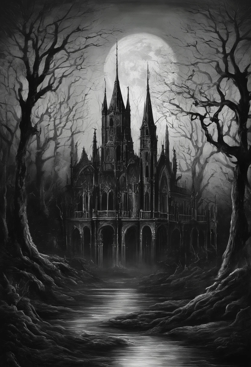 bosque grande, de pintura al oleo hecho con colores basicos negro, blanco y verde oscuro, con mucho humo, y un poco de luz de luna, terrorifico