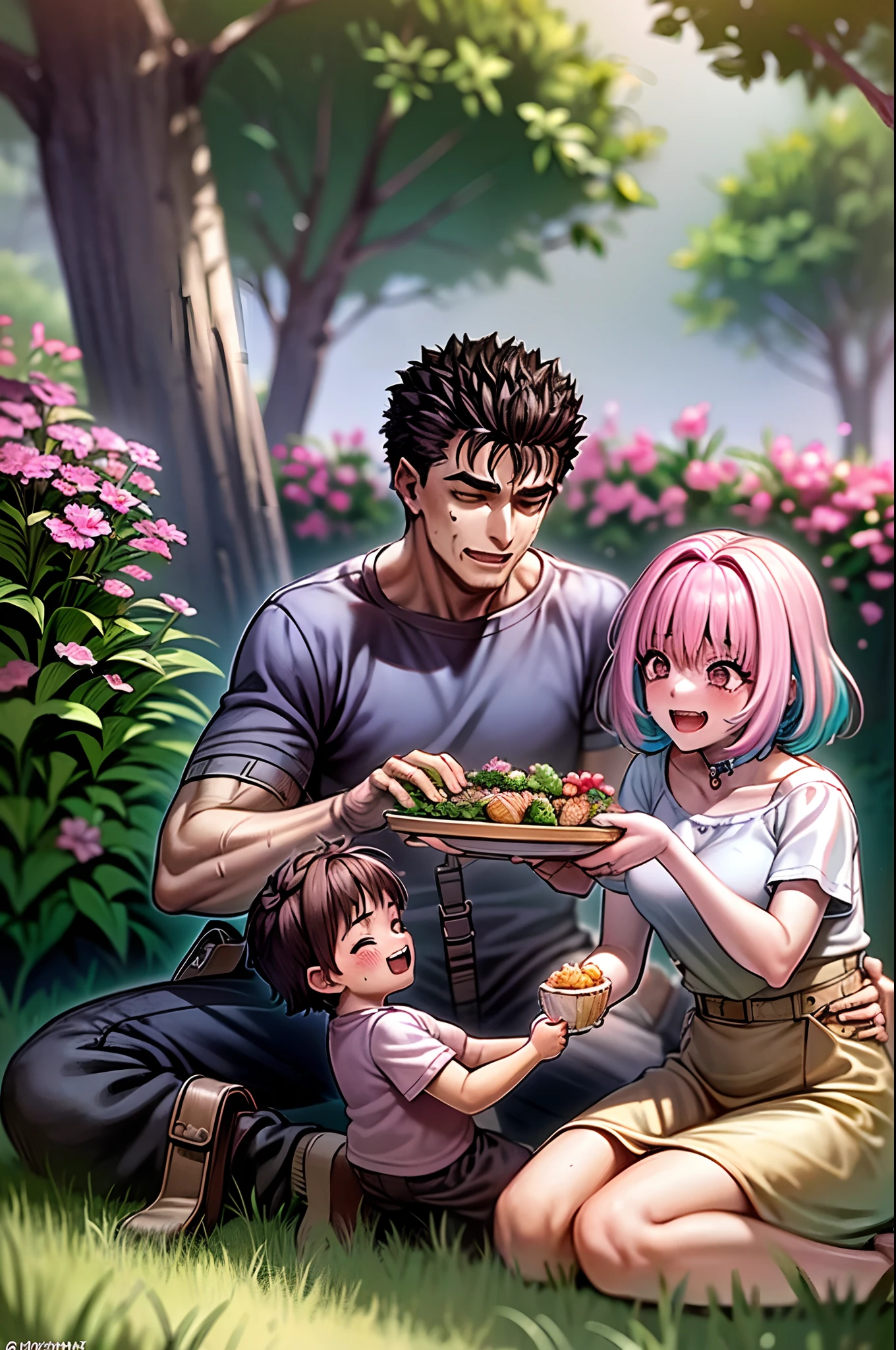 (a happy family in a picnic garden),(riamu as a motherly figure),(riamu and her husband spending quality time),(a couple enjoying the outdoors),(riamu's children playing and having fun),(guts as a loving and caring father),(a loving husband and wife),(riamu and her son sharing a joyful bond),(a happy and harmonious family),(the joyful laughter of children),(the warmth of family bonds),(a picturesque garden scene),(the vibrant colors of nature),(the soft sunlight filtering through the trees),(a peaceful and serene atmosphere),(guts and riamu surrounded by blooming flowers),(the scent of freshly cut grass),(a delicious picnic spread with a variety of food),(the sound of birds chirping),(the feeling of grass beneath their feet),(the love and happiness radiating from the family),(a moment of pure joy and togetherness),(a snapshot of a perfect family outing),(a memory to be cherished forever)