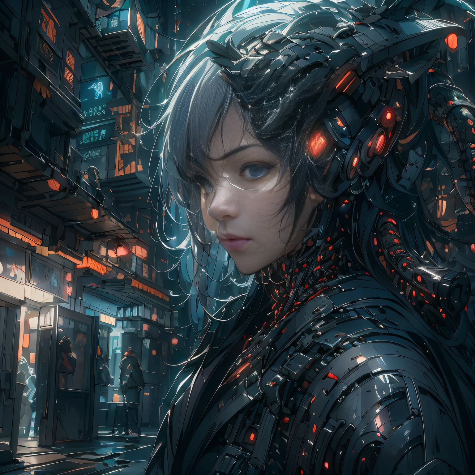 ((A futuristic)), ((mito)), ((fanciful)),Machinary,1girll, Cyberpunk urban environment, gray-haired girl,Avant-garde clothing, (Surrounded by mechanical Asian dragons:1.5), Mechanical dragon,(neonlight:1.2), (cybernetically enhanced:1.1), (Fine dragon scales:1.1), (action-packed scene:1.2), (cinematic compositions:1.1), Mixed media artwork, 8K分辨率,best qualtiy,lightand shade contrast,Unreal 5,