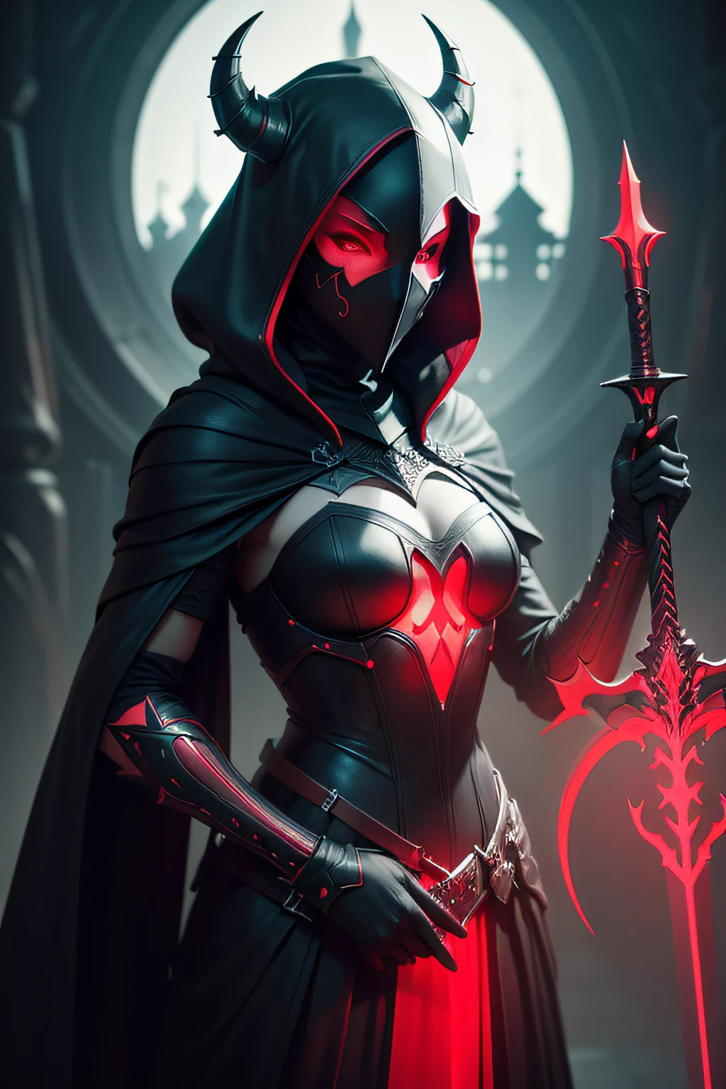 ark art darkweb 1femme chevalier malefique, Using an anonymous red neon mask, Using a sword, Neon Red Armor Darkness,obscur,4K