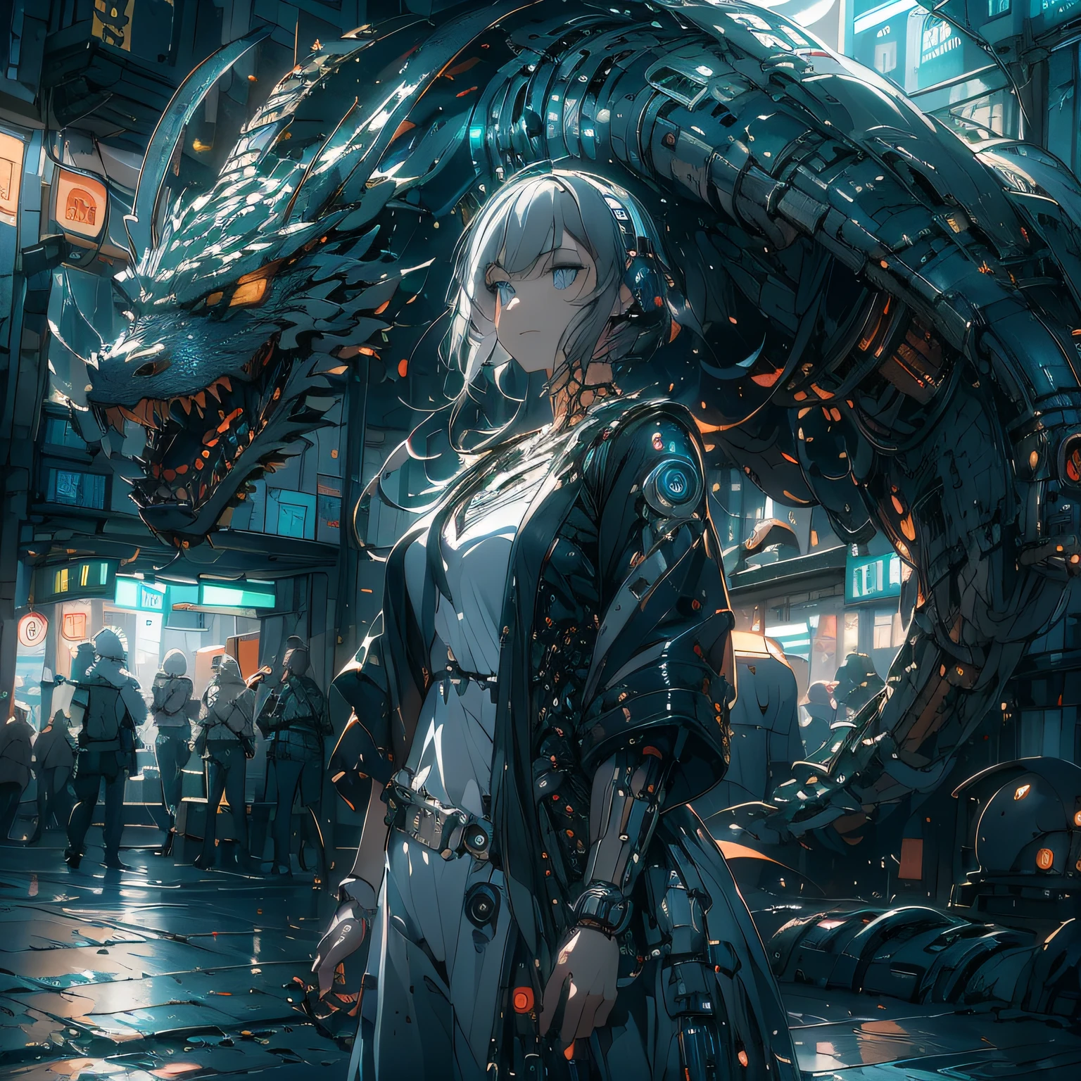 （（A futuristic））， （（mito））， （（fanciful）），Machinary，1girll， Cyberpunk urban environment， gray-haired girl，Avant-garde clothing， （Surrounded by mechanical Asian dragons：1.5）， Mechanical dragon，（neonlight：1.2）， （cybernetically enhanced：1.1）， （Fine dragon scales：1.1）， （action-packed scene：1.2）， （cinematic compositions：1.1）， Mixed media artwork， 8K分辨率，best qualtiy，lightand shade contrast，Unreal 5，