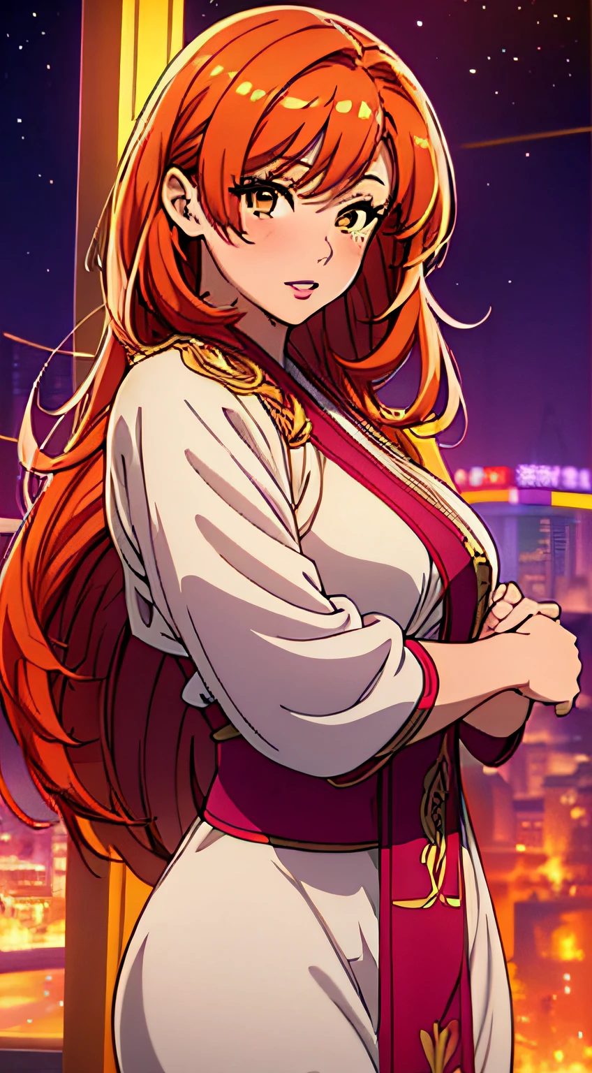 (sfw), (top quality), (masterpiece) 1girl, beautiful face, orange hair, long hair, brown eyes, glowing eyes, parted lips, pink lips, blush, night, night light, night city, Shangai blur background, white kimono, (medium size breast 1.2), dynamicposes, chun-li