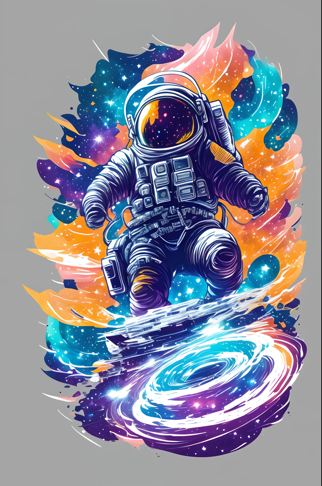 muito detalhes astronauta ,Lost in the background of the galaxy, design de camisetas, Design de streetwear, vetor pro, japanesepopartstyle, design completo, Apenas 6 cores, solid colours, sem sombras, design completo, cores quentes, etiqueta, cores brilhantes