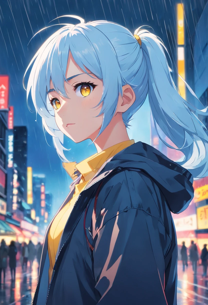 White blue hair, pony tail, yellow eyes, red pupils, cool face,black jacket, rain background