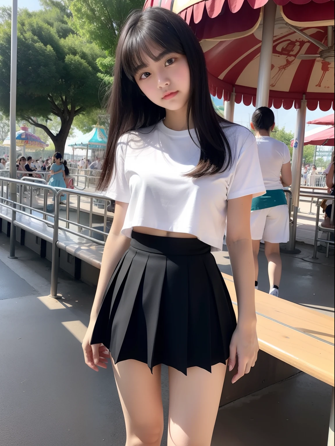 Knees,Pleated miniskirt,white shirt,a navel,A 12-year-old girl,An amusement park,A dark-haired,lonely