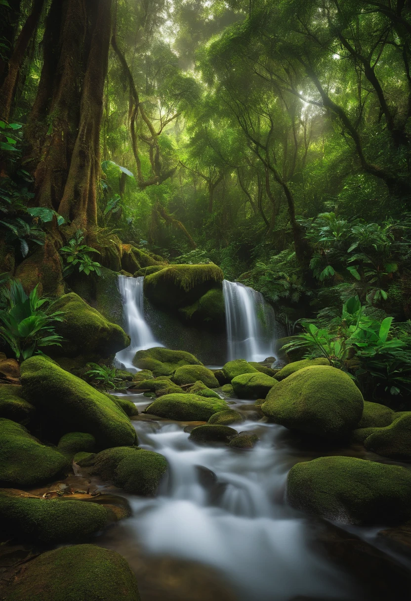A waterfall in the middle of a lush green forest with mossy rocks ...