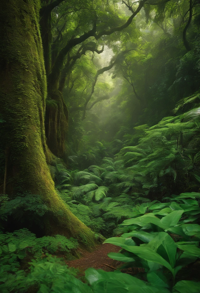 A lush rainforest with tall trees and colorful plants, como se fosse um sonho.