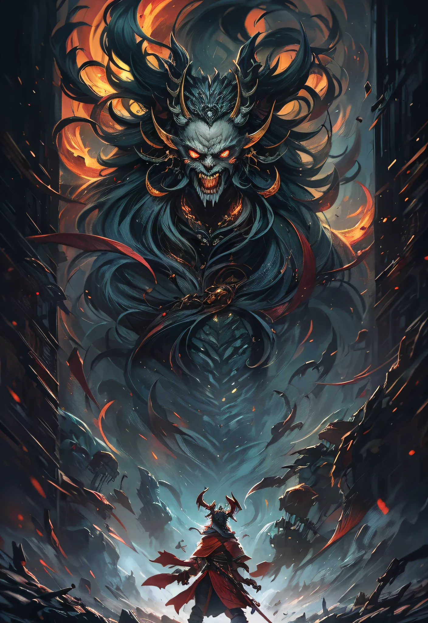 Hell Demon, Black-scaled youkai, Chinese legend hell scene, Extreme horror, Zhang Yimou's film style, The picture is bright, Extremely detailed line drawings CG artwork, See the devil clearly, Demonic face, Detailed face, There is an open and clenched fist state, Light and shadow effect, Beautiful and dynamic pose, Detailed rendering, Colorful scenes, Full of depth, Vibrant lighting effects, Sketch a magnificent and mysterious atmosphere