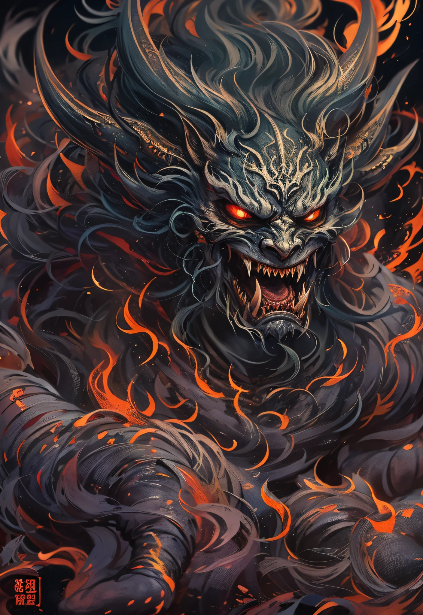 Chimera, (hyperrealistic facial features:1.3), Molten lava, volcanic eruption, fiery glow, smoldering ash, intense heat