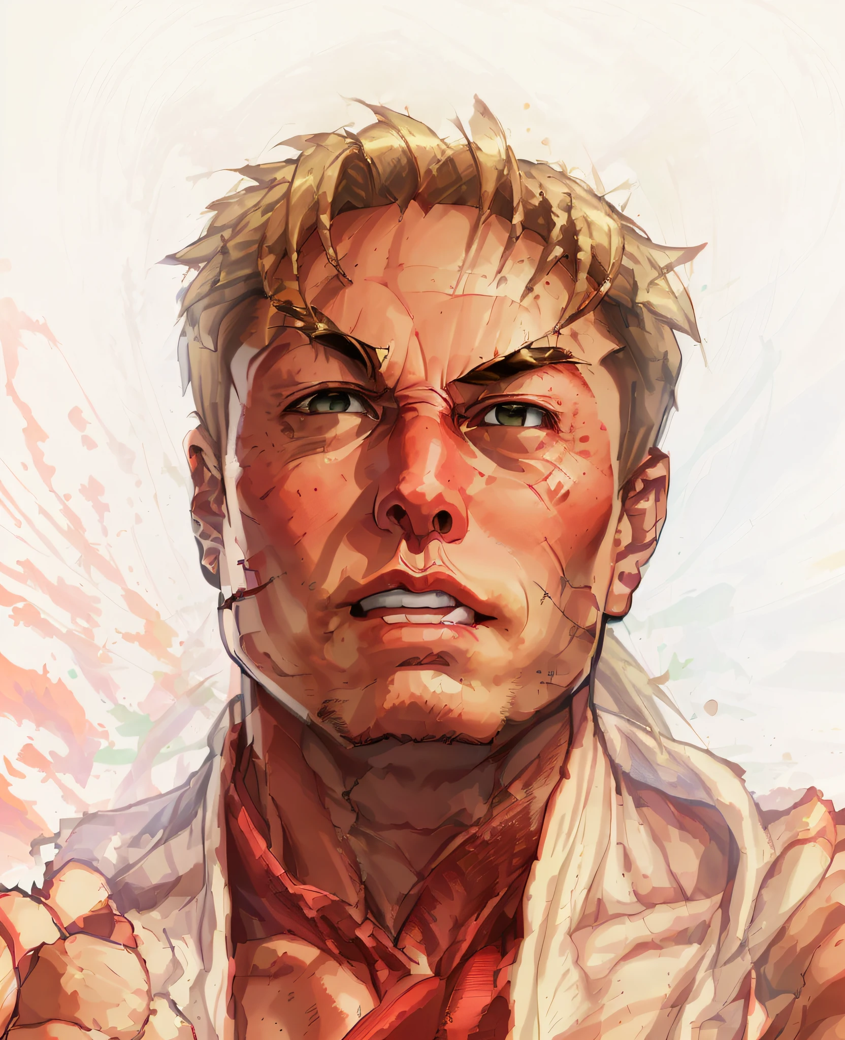 **Elon Musk Face arte de Ken de Street Fighter apresenta raiva, Um rosto altamente detalhado, Um ambiente extremamente detalhado, um pano de fundo detalhado, cores extremas, Professional Color Grading, edge lighting, fire, e caos, Ken Masters, Red Clothing**