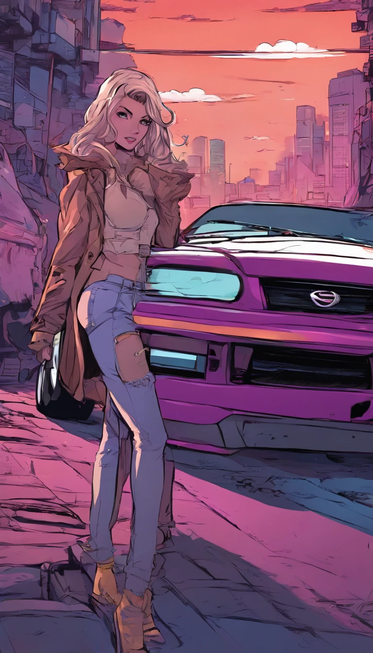 beautiful curvy anime waifu posing against the background of a parked Nissan Skyline drift car, in an underground tunnel with a dark purple tint