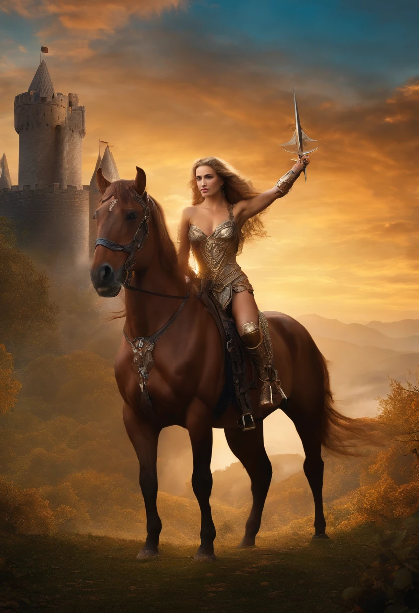 female centaur, fantasy, Knight standing next to centaur, castle in background, Banner flying high.