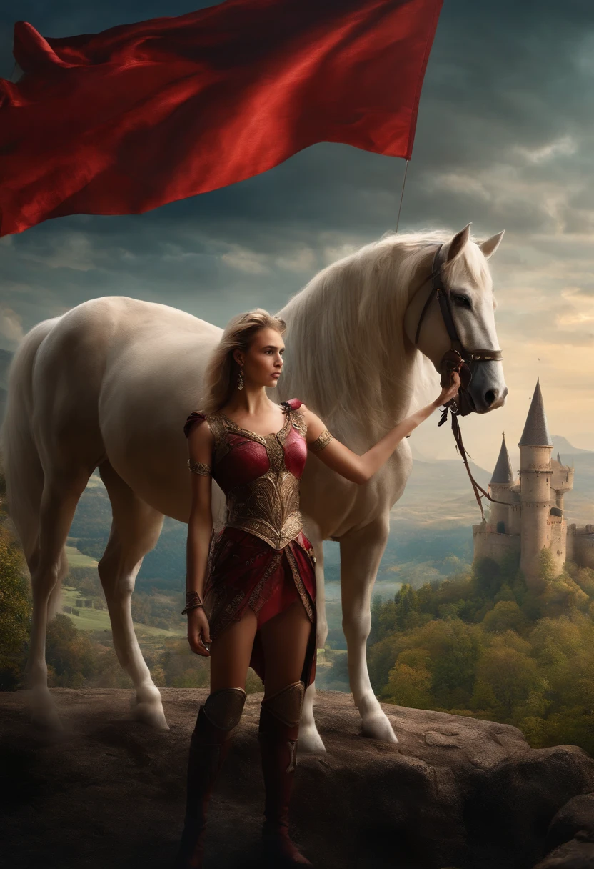 female centaur, fantasy, Knight standing next to centaur, castle in background,  Banner flying high.