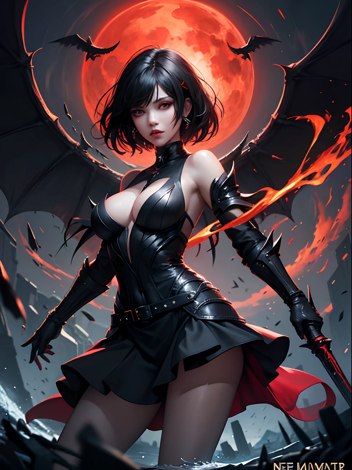 high quality illustration, ultra detailed, high quality, 4k, horizontal view, dynamic pose, best, necromancer, black hair, red eyes, low-cut black dress, ruins background, dark night