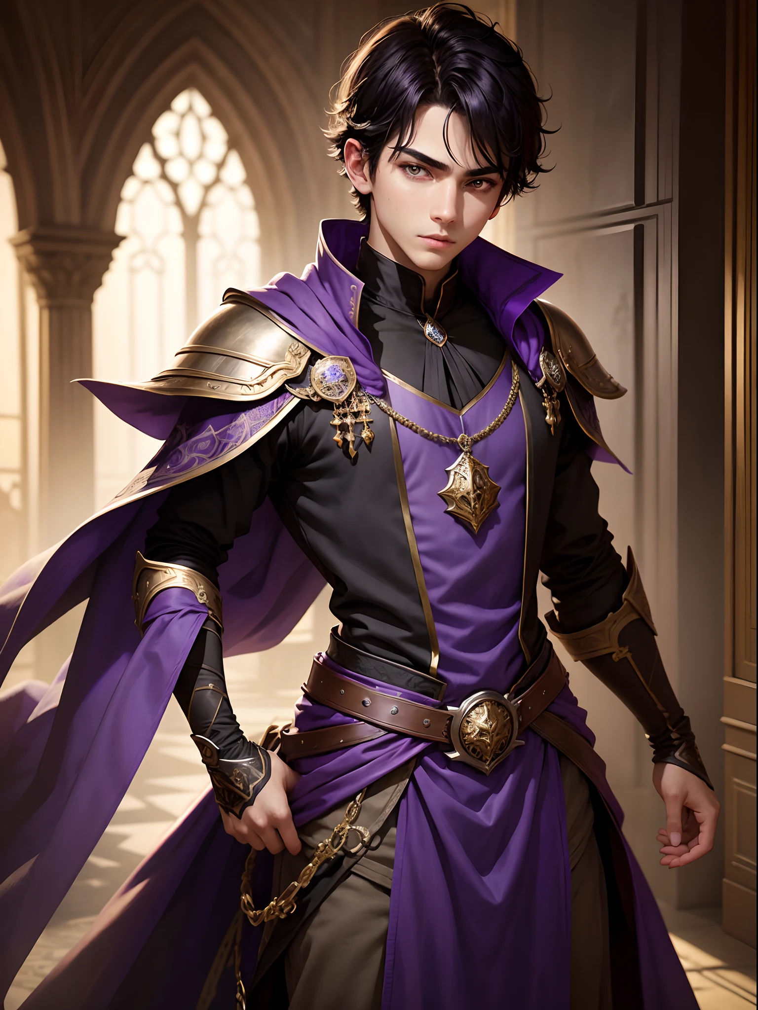 boy,young,handsome,12 years old, finely detailed eyes,purple iris color,skin light tone,black hair, intricate details, portrait, looking at viewer, solo, (full body:0.6), detailed background, detailed face, dynamic pose,dark purple princeclothes, high fantasy medieval setting, palace background,